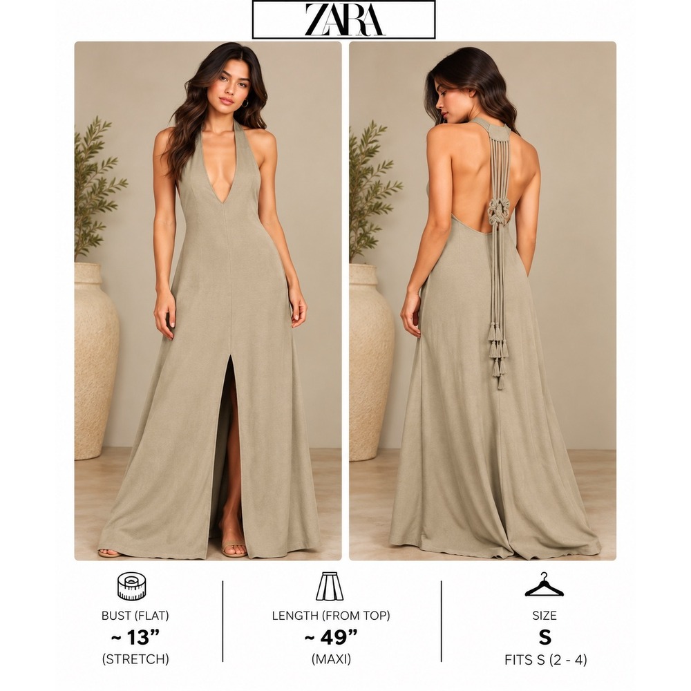 Zara Taupe Halter Maxi Dress Macrame Back Tassel Detail Small Slit Boho Khaki